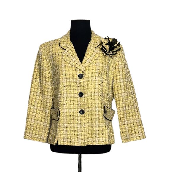 DB Collection yellow 3/4 sleeves woven plaid three button blazer size 8 - Picture 1 of 11